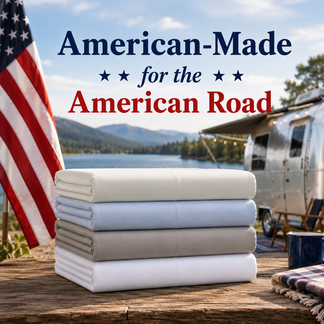 Stack of sheets on a table beside an Airstream camper