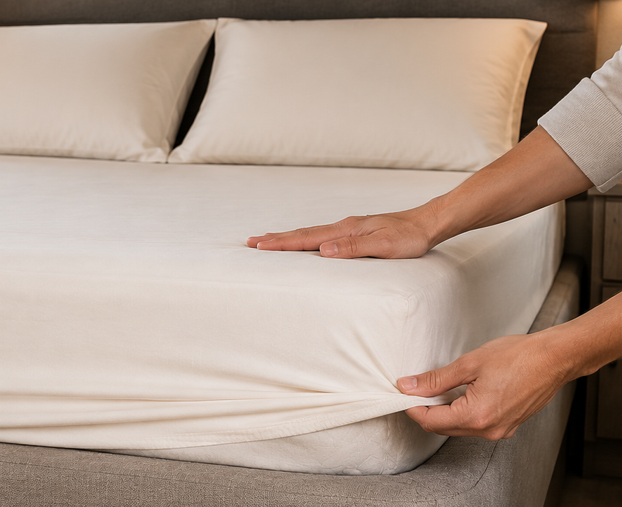 Corner of fitted sheet and extra pillowcases in RV bedroom