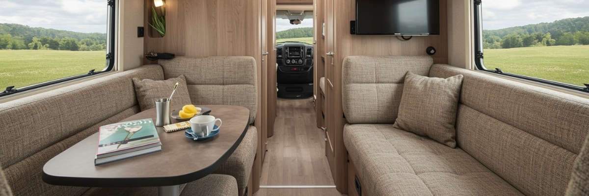 inside luxury motorhome with flowers book on table