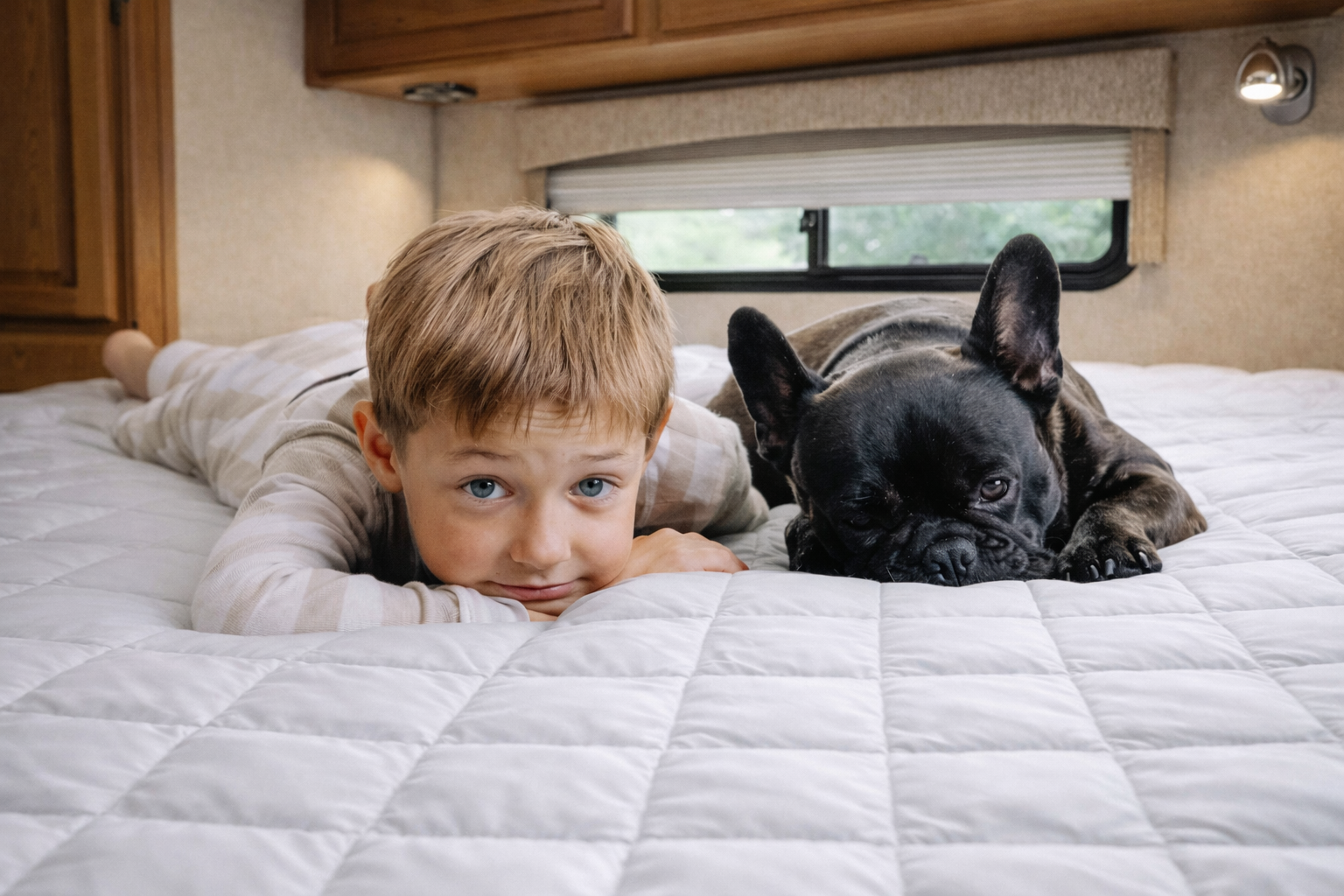 boy and dog on quilted mattress pad in RV