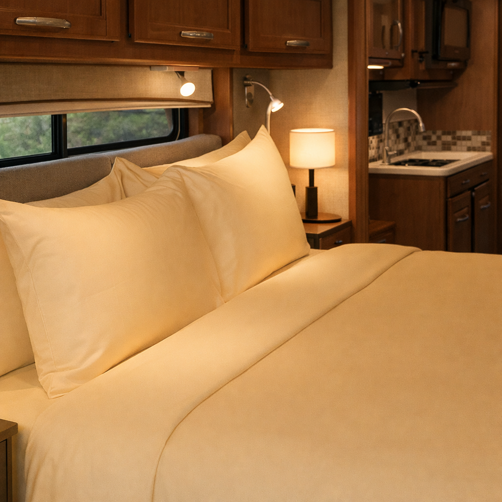 Bed in an RV with prairie gold sheets