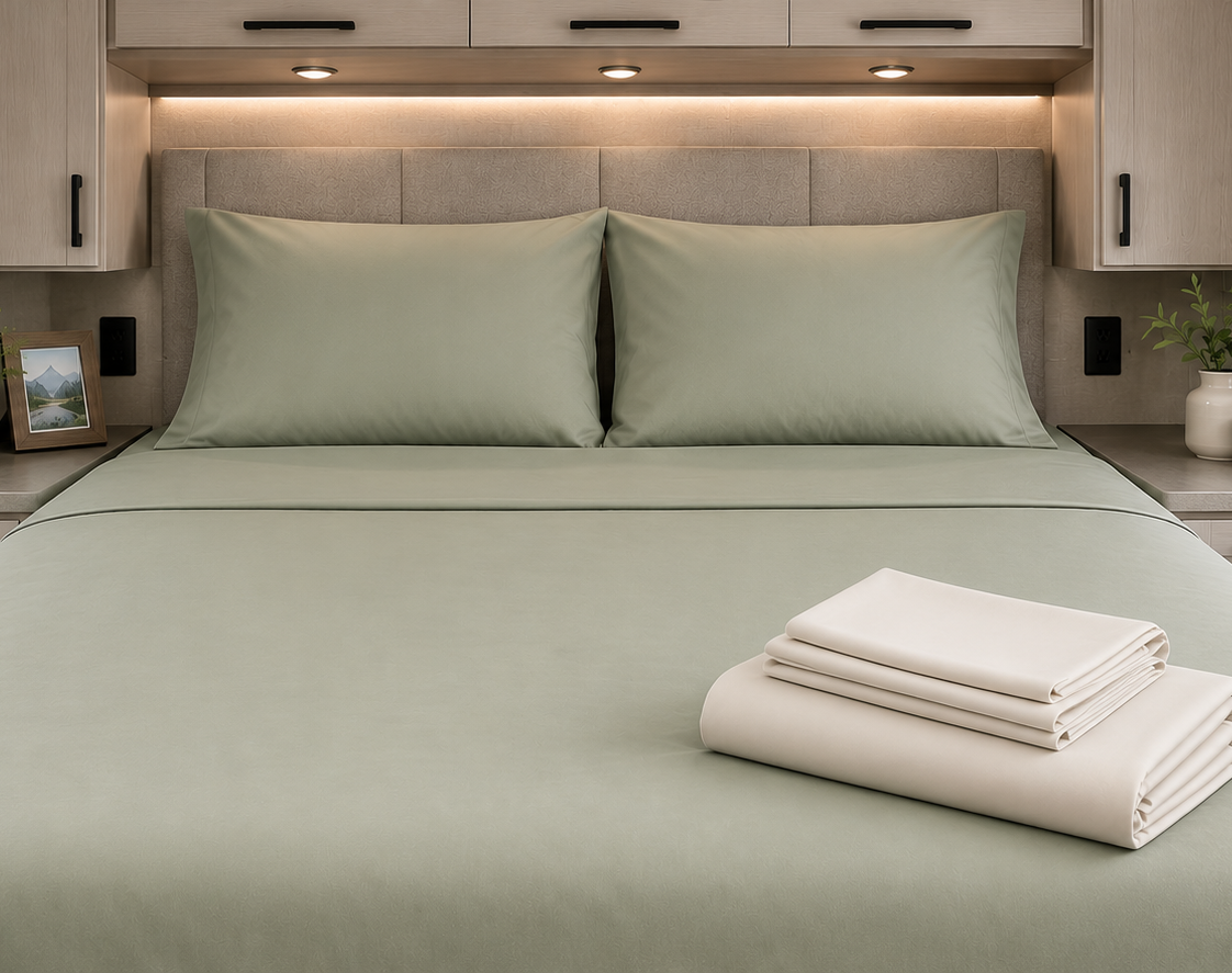 Road Ready cotton sheets on RV bed with extra set