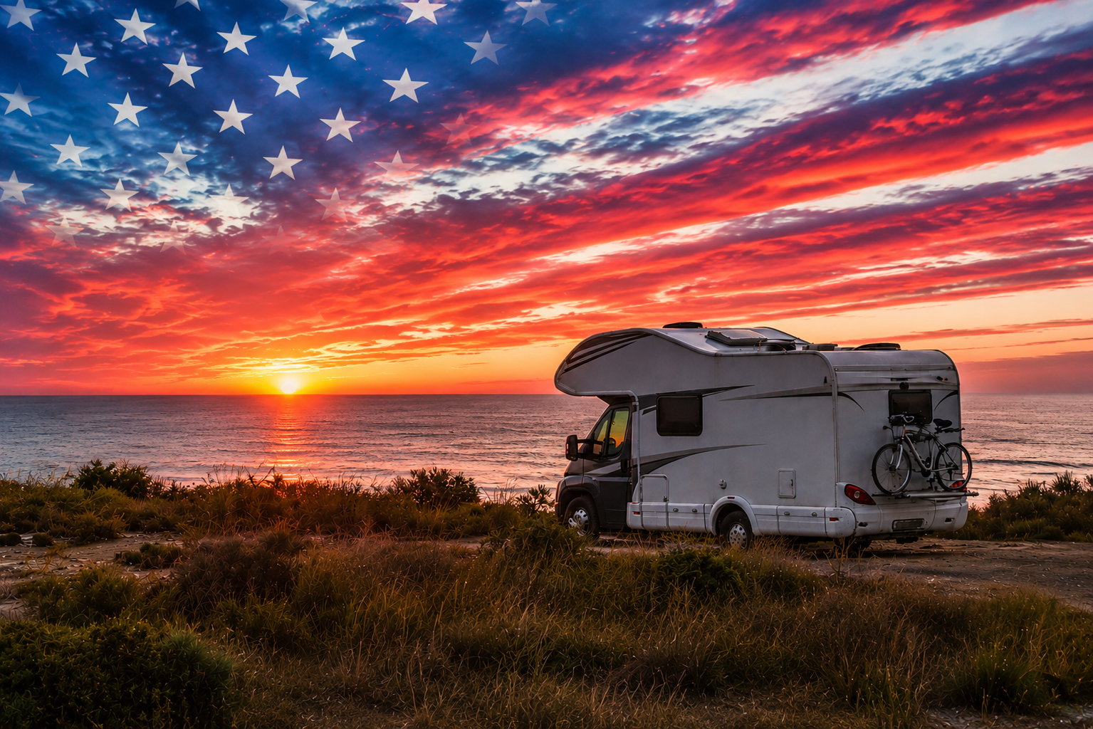 RV parked at the beach under patriotic USA flag sky RV parked at the beach under patriotic USA flag sky